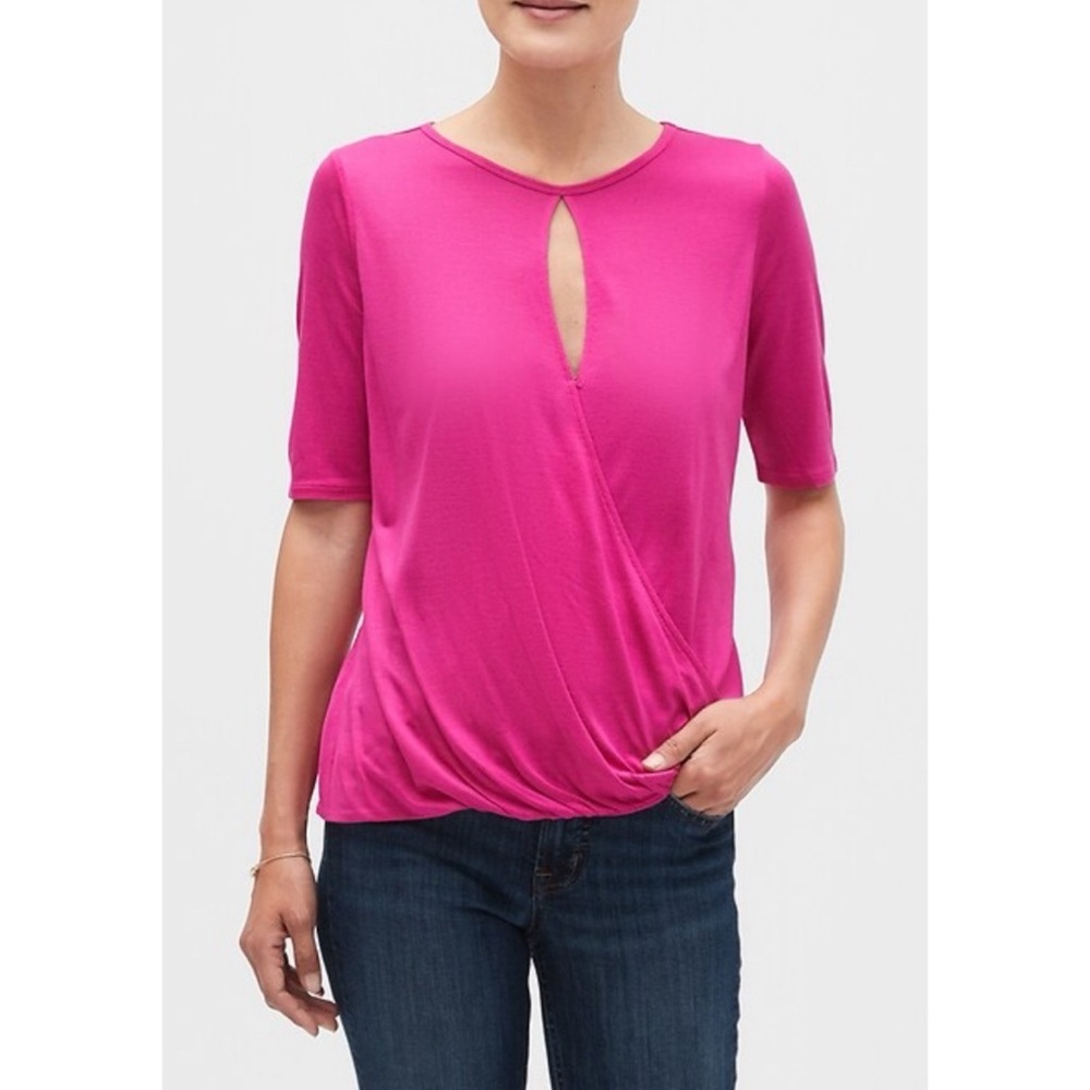Banana Republic Factory Silkyluxe Keyhole Short Sleeve Blouse Top Pink Size XL